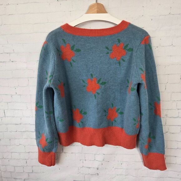 Shein Mod Oversized Cardigan Sweater Size L Blue Orange Floral Retro - Picture 7 of 8